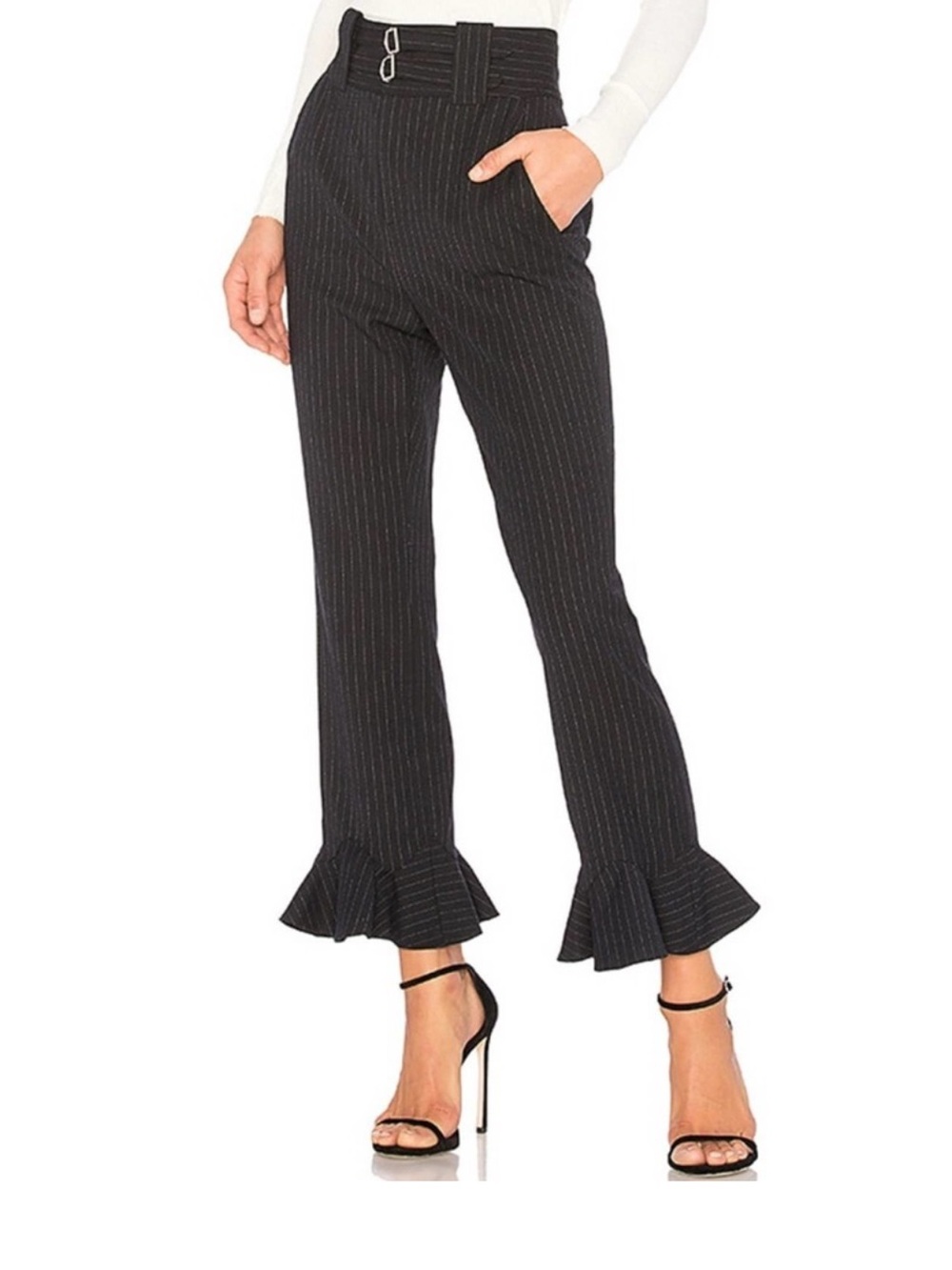 Rebecca Taylor Black Pinstripe
Ruffle Hem Wool Trousers Double
Buckle Waist 12 - Picture 1 of 8